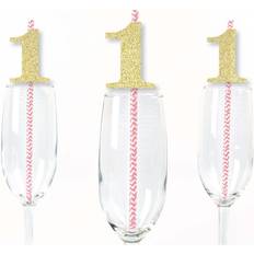 Gold Glitter 1 Party Straws No-Mess Real Gold Glitter Cut-Out Numbers & Decorative 1st Birthday Paper Straws -24 Ct