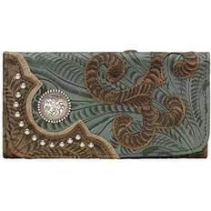 American West Annies Secret Collection Ladies' Tri-Fold Wallet - Distressed Charcoal Brown/Turquo