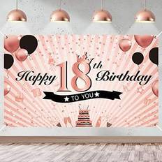 Party Decorations Luxiocio Happy 18th Birthday Banner Decorations for Girls, Rose Gold 18th Birthday Backdrop Supplies, 18 Year Old Birthday Party Poster Background for Indoor Outdoor
