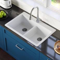 Granite Drainboard Sinks Karran White Quartz 50/50 Double Bowl Composite