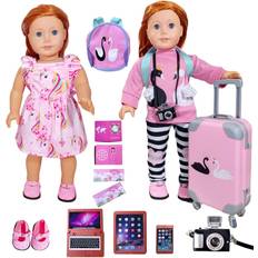 Dolls & Doll Houses ARTST American-18-Inch-Girl-Doll-Travel-Suitcase-Play-Set Doll- Clothes- Accessories Including Luggage Cute Backpack 2 Sets of Doll-Clothes- Shoes Camera Computer Phone Ipad Passport Air Tickets