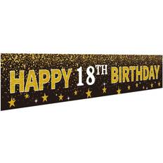 Party Decorations Ushinemi Happy 18th Birthday Banner Party Decorations, 18 Years Old Birthday Backdrop, Cheer to Eighteen Year Anniversary Large Signs, 9.8X1.6Ft, Gold and Black