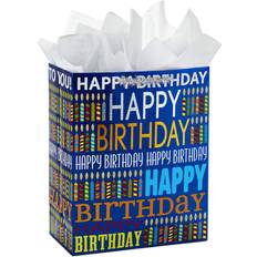 SUNCOLOR 13 Large Happy Birthday Gift Bag with Card and Tissue Paper (Blue)