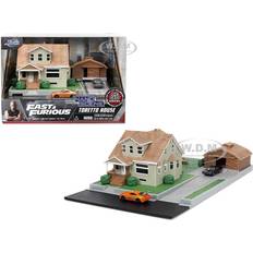Toys Jada Toretto House Diorama with Dodge Charger Black and Toyota Supra Orange with Graphics "Fast and Furious" "Nano Scene" Series Models