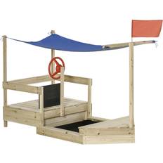 OutSunny Kids Wooden Sandbox Foldable Design, w/ Canopy, Seats, Flag
