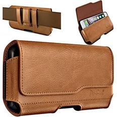 Cell phone holster De-Bin Cell Phone Holster for iPhone 12 Pro iPhone 12 Belt Holster/ Holder/ Pouch/ Carrying Case with Belt Clip and Belt Loops Magnetic Closure for Apple iPhone (Fits Phone w/Other Case on) Brown