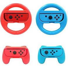 Beastron Racing Games Steering Wheel & Grips compatible with Switch Mario Kart, Joy-Con Steering Wheel & Grips, Red & Blue 4 Pack