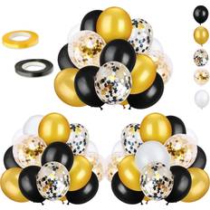 72 Pack Black Gold Confetti Balloons Kit, 12 Inch Black Gold White Balloons and Gold Confetti Balloons with Balloon Ribbons for Graduation Birthday Wedding Baby Shower Party Decorations