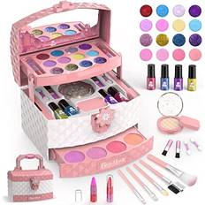 PixieCrush Kids Makeup Kit for Girls with Pretend Hair Dryer and Flat Iron; Play Makeup