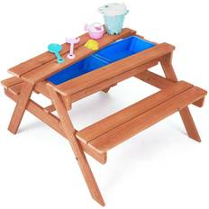 Kids wooden picnic table Teamson Kids Outdoor Wooden Picnic Table with 2 Sensory Bins