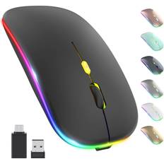 OKIMO LED Wireless Mouse, Rechargeable Slim Silent Mouse 2.4G Portable Mobile Optical Office Mouse with USB & Type-c Receiver, 3 Adjustable DPI for Notebook, PC, Laptop, Computer, Desktop (Black)