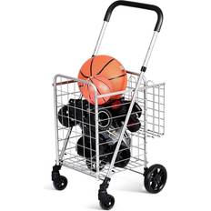 Shopping Trolleys Costway Folding Shopping Cart Basket Rolling Trolley with Adjustable Handle-Black