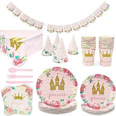 Serves 24 Princess Themed Birthday Party Decorations for Girls Birthday Castle Paper Plates Napkins Cups Banner & Tablecloth