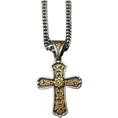 Twister Mens Floral Scrolled Cross Chain Necklace - Silver/Gold/Transparent