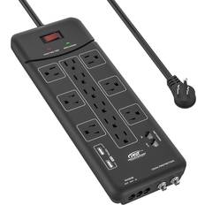 Tv power cord CRST Surge Protector Power Strip 4050Joules, with USB3.1A Ethernet, Cable, Telephone and Coaxial Protection, Flat Plug 9-FT Long Cord Black