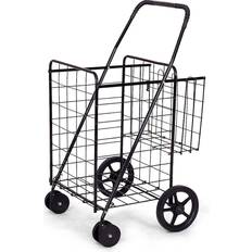 Women Shopping Trolleys Costway Folding Shopping Cart for Laundry with Swiveling Wheels & Dual Storage Baskets-Black