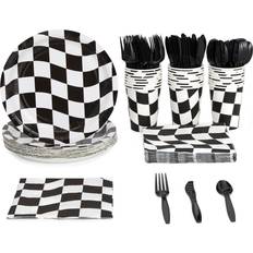 Juvale 144 Piece Race Car Birthday Party Supplies with Checkered Flag Plates, Napkins, Cups, and Cutlery Serves 24