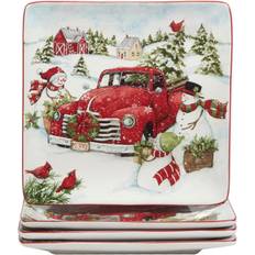 Red Dishes Certified International Red Truck Snowman Dinner Plate 4