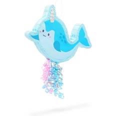 Blue Panda Pull String Narwhal Pinata for Birthday Party Supplies, Under The Sea Party Decorations, Baby Shower (Small, 16.5 x 12.3 x 3 in)