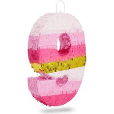 Small Pink and Gold Foil Number 9 Pinata for Kids 9th Birthday Party Decorations 16.5 x 11 Inches
