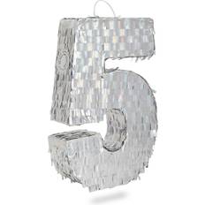 Small Silver Foil Number 5 Pinata for Kids 5th Birthday Party Decorations 15.7 x 9 x 3 In