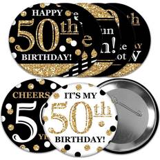 Adult 50th Birthday Gold 3 inch Birthday Party Badge Pinback Buttons 8 Ct Black