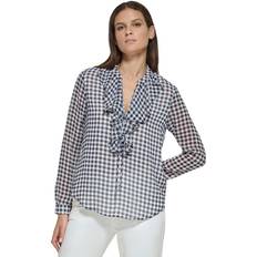 Tommy Hilfiger Womens Long Sleeve Ruffle Gingham Blouse Midnight