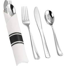 Smarty Shiny Metallic Silver Plastic Cutlery in White Napkin Roll Set 100ct