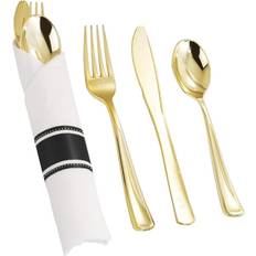Smarty Shiny Metallic Gold Plastic Cutlery in White Napkin Roll Set 100ct