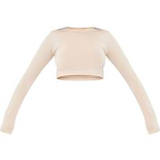 PrettyLittleThing Basic Slinky Long Sleeve Crop Top - Stone