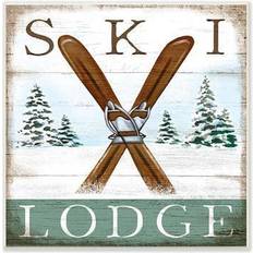 Framed Art Stupell Industries Ski Lodge Rustic Cabin Sign Snowy Tree Forest Black Framed Art