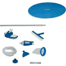 Intex 18 Ft Round Easy Set Solar Cover and Deluxe Pool Maintenance Kit w/ Vacuum 10.7 Blue