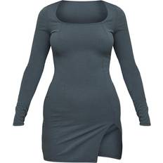 PrettyLittleThing Ribbed Split Hem Square Neck Long Sleeve Bodycon Dress - Charcoal