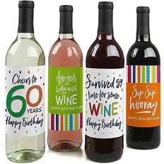 60th Birthday Cheerful Happy Birthday Decor Wine Bottle Label Stickers 4 Ct Assorted Pre-Pack Assorted Pre-Pack