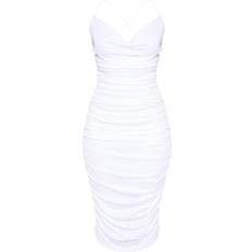 PrettyLittleThing White Dresses PrettyLittleThing Crinkle Texture Ruched Cowl Neck Midi Dress - White