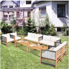 Costway 8PCS Wooden Patio Furniture Set CUS01hioned Sofa W/Rope Armrest