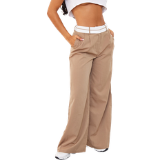 PrettyLittleThing Turn Over Waist Straight Leg Trousers - Mocha