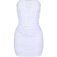 PrettyLittleThing White Clothing PrettyLittleThing Shape Mesh Corset Detail Ruched Bodycon Dress - White