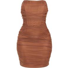 PrettyLittleThing Shape Mesh Corset Detail Ruched Bodycon Dress - Chocolate Brown