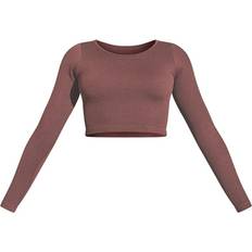 PrettyLittleThing Structured Contour Ribbed Round Neck Long Sleeve Crop Top - Chocolate