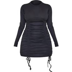 PrettyLittleThing Short Dresses PrettyLittleThing Shape Rib Underbust Detail Long Sleeve Ruched Bodycon Dress - Black