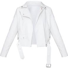 PrettyLittleThing White Jackets PrettyLittleThing Faux Leather Regular Fit Belted Biker Jacket - Cream