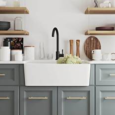 Drainboard Sinks DEERVALLEY Perch White Ceramic Single Farmhouse Kitchen Sink with Grid Strainer