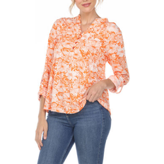 White Mark Women's Pleated Floral Print Blouse Orange Orange