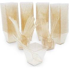 Gold Glitter Square Dessert Cups with Spoons for Birthdays, Wedding, Parties 2 oz, 200 Pack