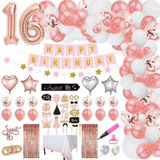 Balloons Sweet 16 birthday decorations with balloon arch garland, photo booth backdrop