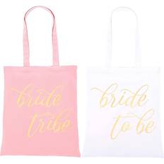 Bridal Party Bags 5-Pack Canvas Tote Bags, Gold Foil, 100% Cotton Tote for Women, Bridal Shower, Wedding Party Favors, Bridesmaid Gifts, White and Pink