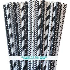 100 Black Chevron Stripe and Polka Dot Paper Straws