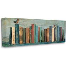 Stupell Industries Books and Birds Green Blue Textured Painting, Design Line Studio Framed Art
