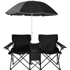 Costway Folding Picnic Double Chair W/Umbrella Table Cooler Beach Black Black